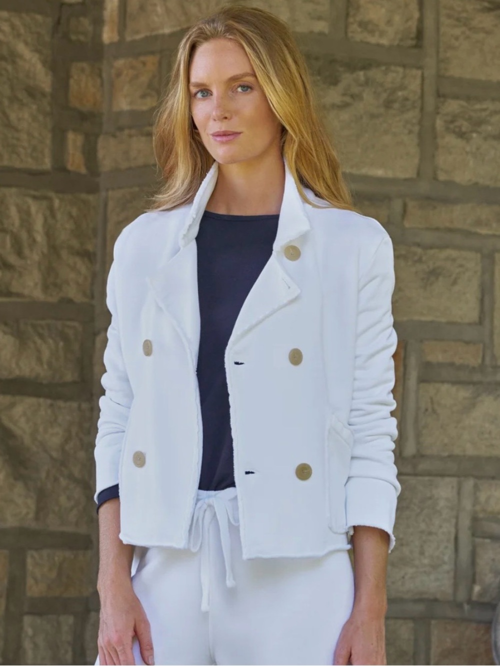 FRANK & EILEEN Mini Belfast Cropped Sweatshirt Peacoat in White Size Large $328